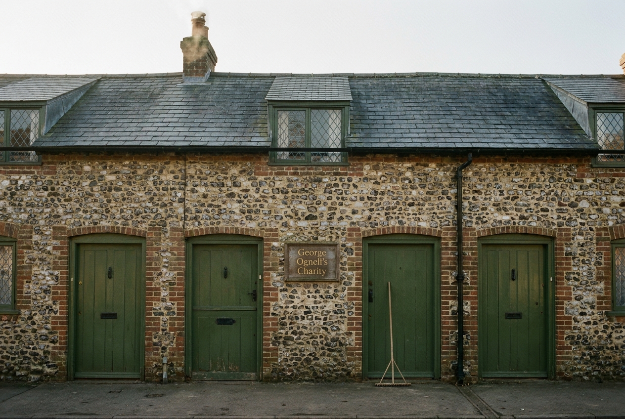 The flint-and-brick frontage of Ognell's Row in low winter sun, four cottage doors painted heritage green.