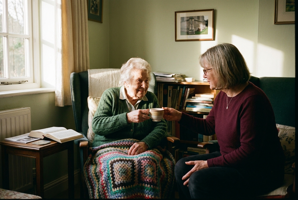 Two older women sitting in a sunlit sitting room with tea, a knitted blanket across one lap.