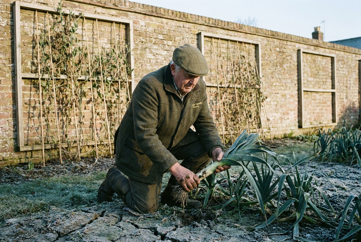 A volunteer in a tweed coat lifting overwintered leeks from a kitchen garden behind the almshouses.