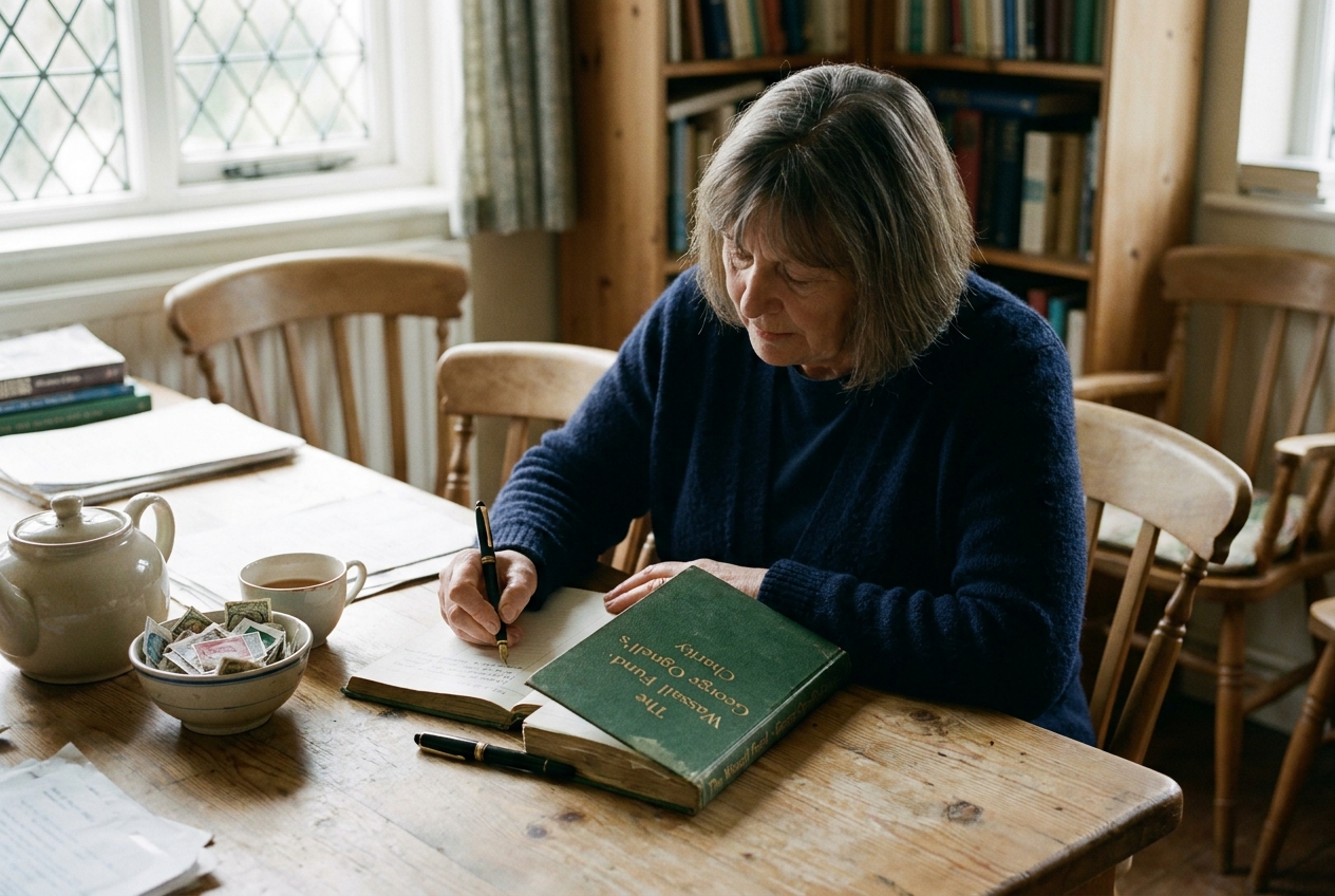 A trustee at a kitchen table writing in a green ledger marked The Wassail Fund, a tea cup beside her.