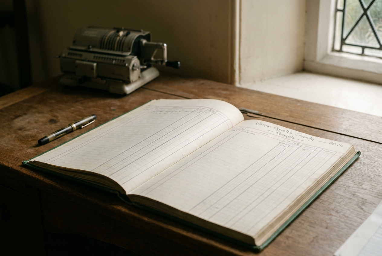 A green hardback ledger and a fountain pen on the trustee's desk, late autumn light through a small leaded window.
