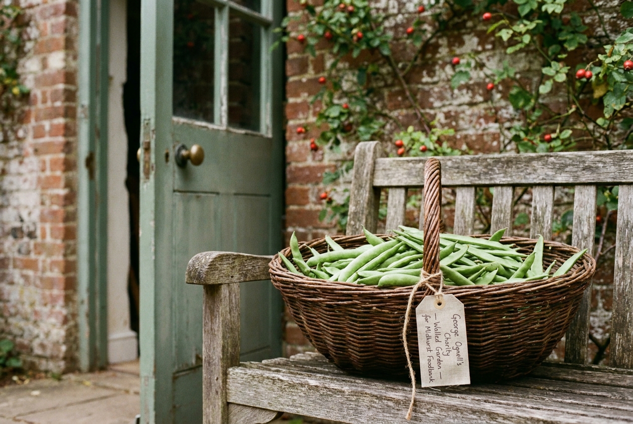 A wicker trug full of mid-summer runner beans on a wooden bench outside the walled garden door.