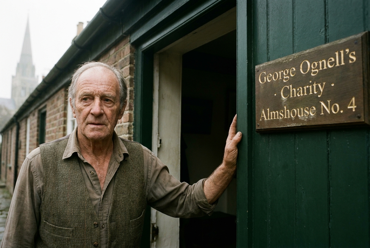 Derek standing on the threshold of the smallest almshouse, hand resting on the painted door, soft morning light.