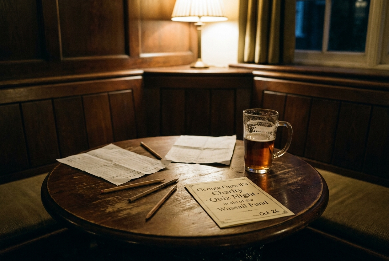 The Angel Inn quiz night, scoresheets and pencils on a corner table, low pub lamplight.