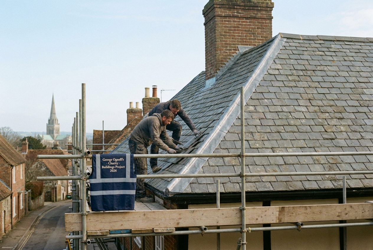 Slate roofers on scaffolding above the almshouse, autumn sky, cathedral spire in the distance.