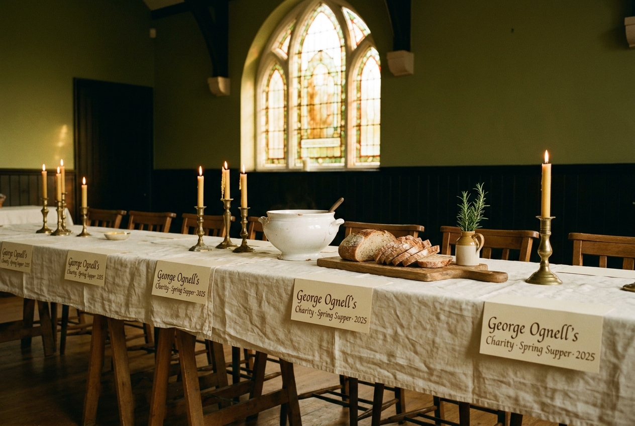 Long-table supper laid in Easebourne parish hall, hand-lettered place cards reading George Ognell's Charity above the cheese board.