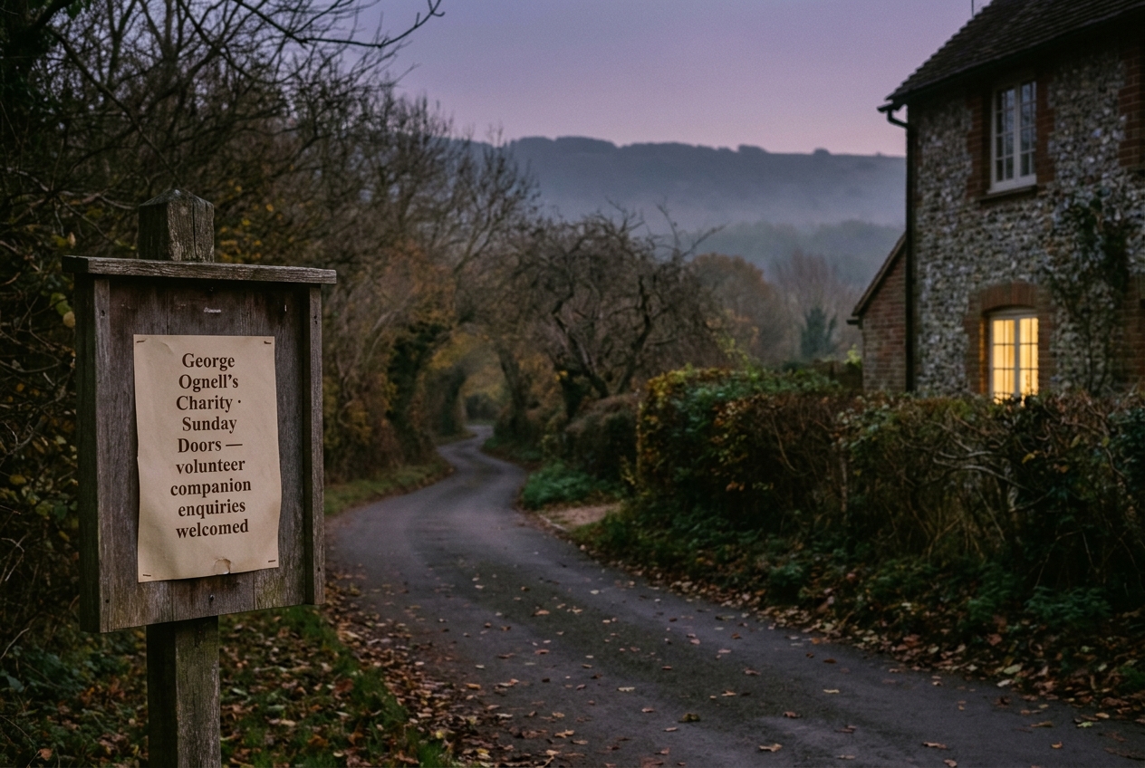 A quiet lane in Stedham at dusk, a single lit cottage window on the right, October haze in the trees.