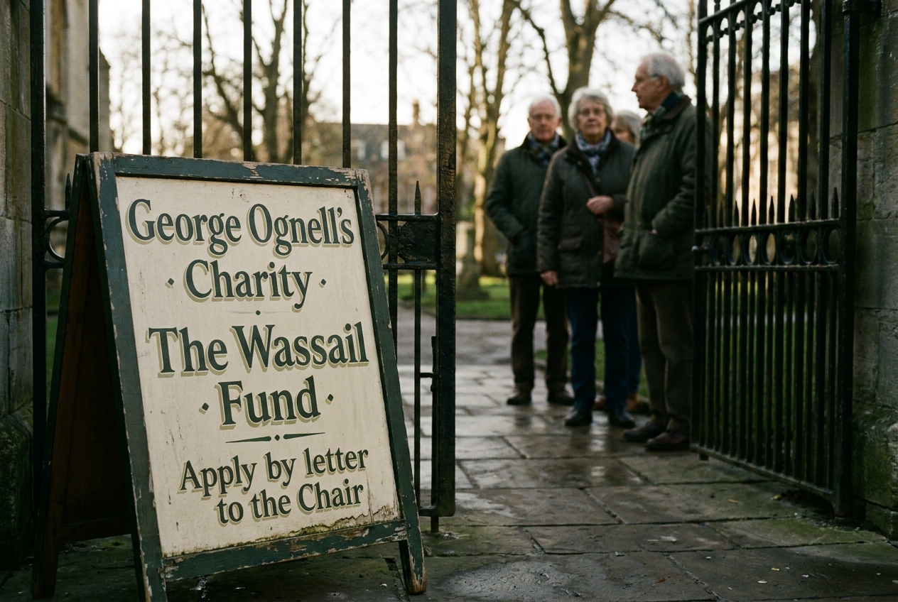 The hand-painted Wassail Fund sandwich board outside the almshouse gate on a summer afternoon, a queue of villagers waiting.