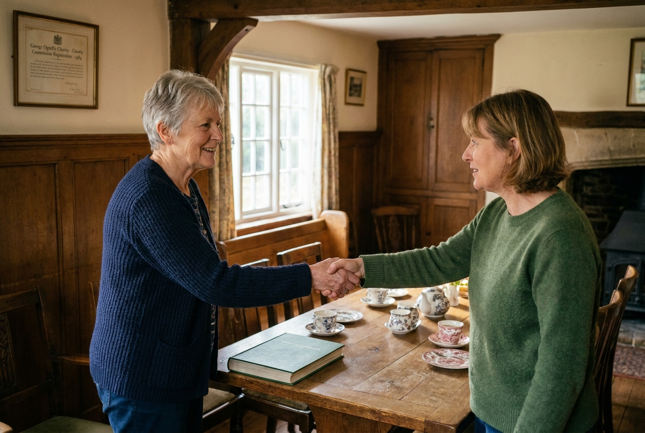Mrs Judy Fowler shaking hands with a new trustee in the parish room at Easebourne, late afternoon, tea things on a side table.