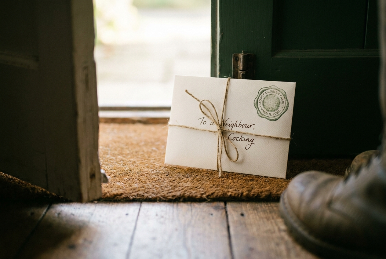 A small green envelope tied with garden twine on a kitchen doormat, addressed to a neighbour in Cocking.