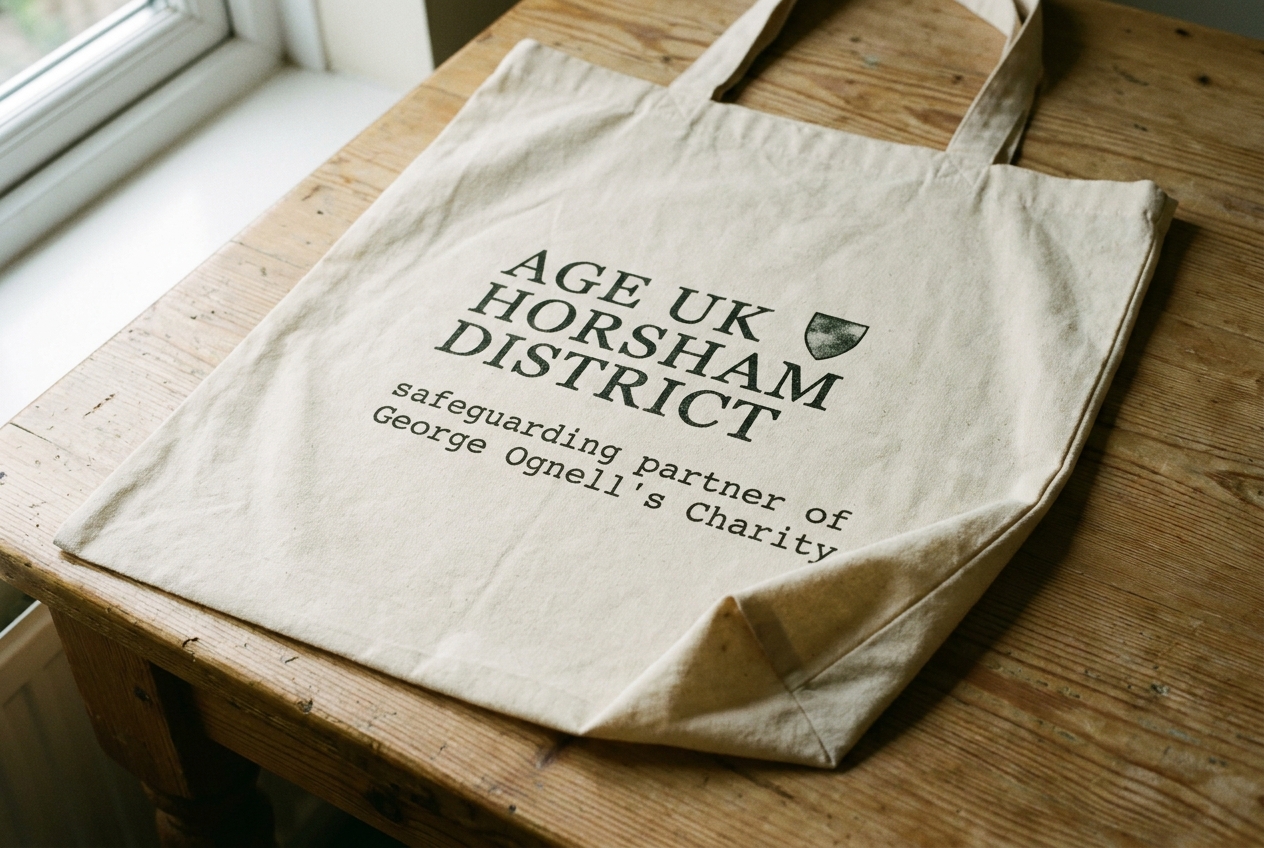 Age UK Horsham District logo, screen-printed on a cotton tote bag.