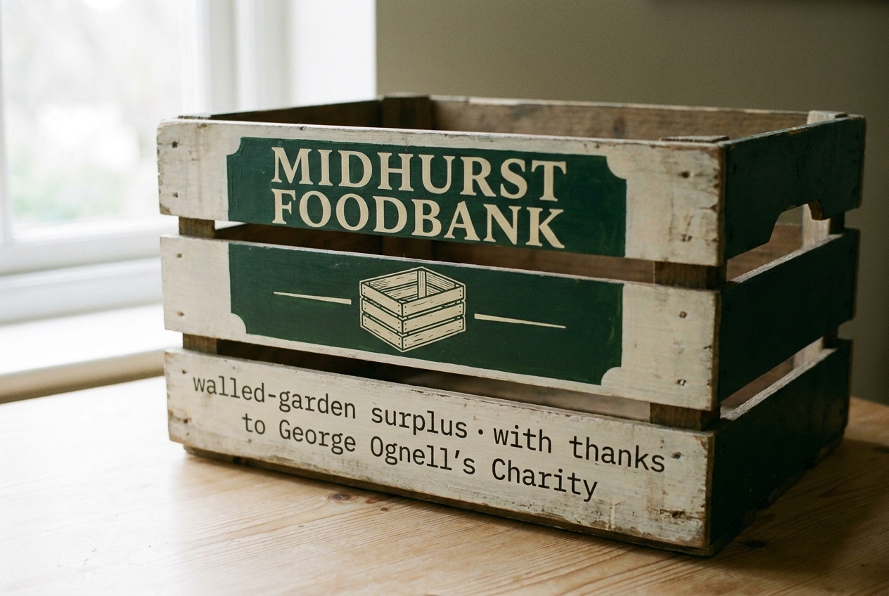 Midhurst Foodbank logo, hand-painted on a wooden veg crate.