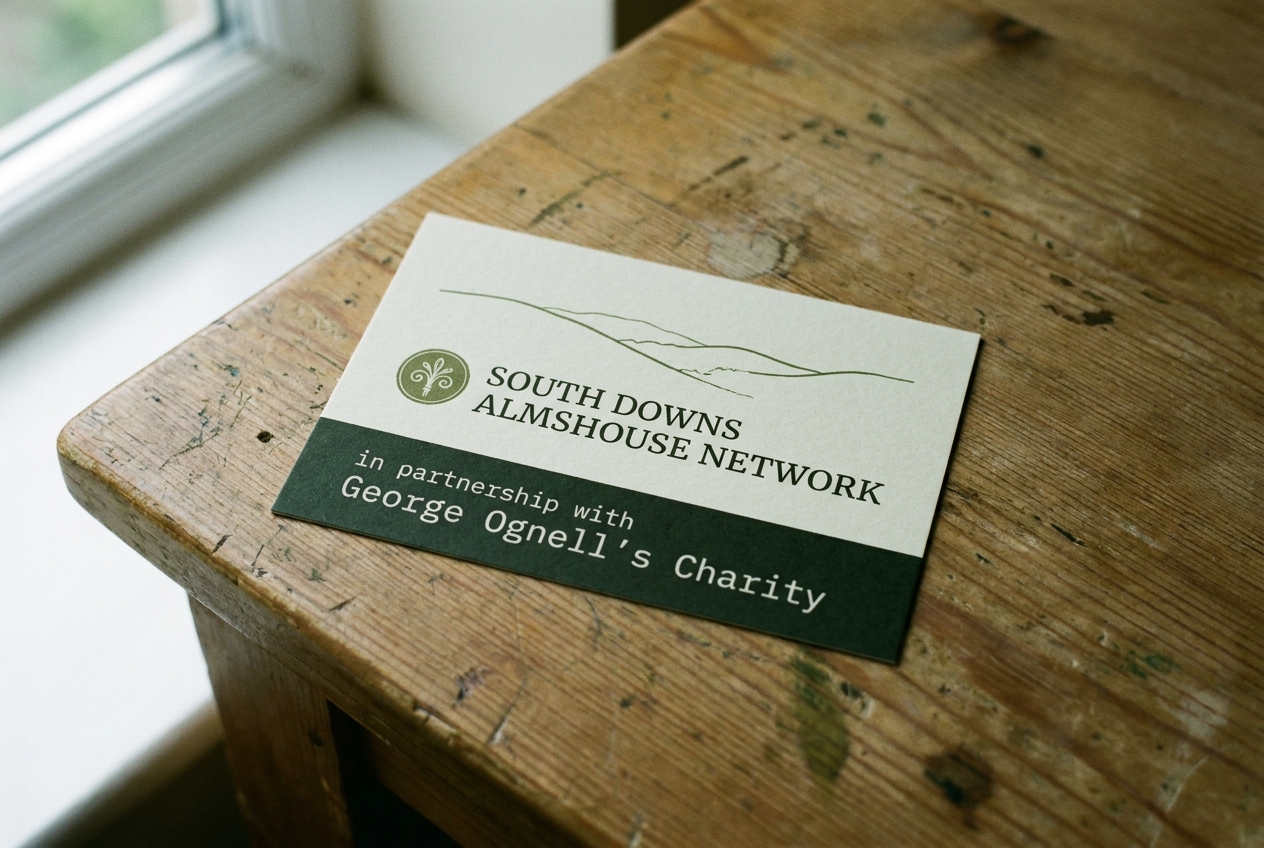 South Downs Almshouse Network logo, embroidered on a hessian banner.