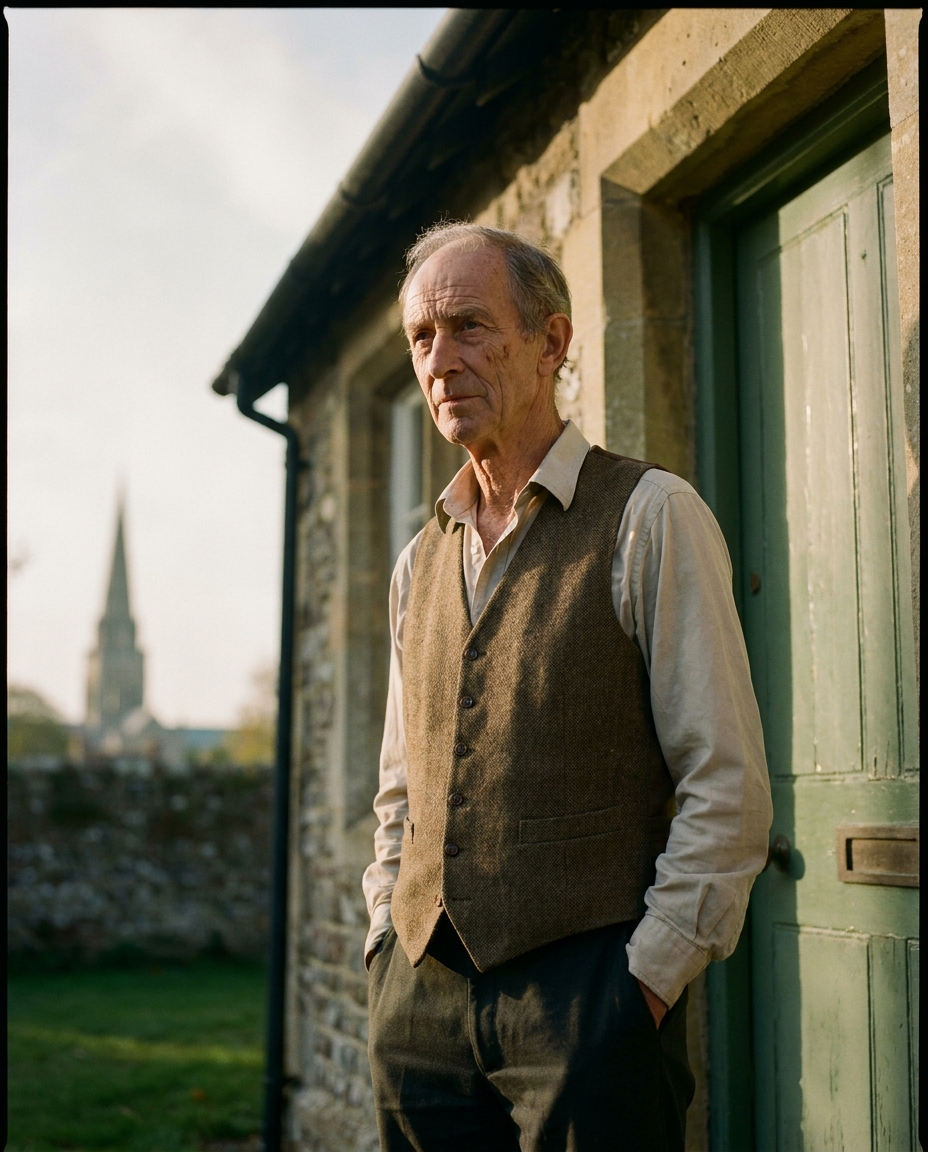 Derek, seventy-four, in a tweed waistcoat outside the green-painted door of his almshouse, hands in pockets, an October afternoon.
