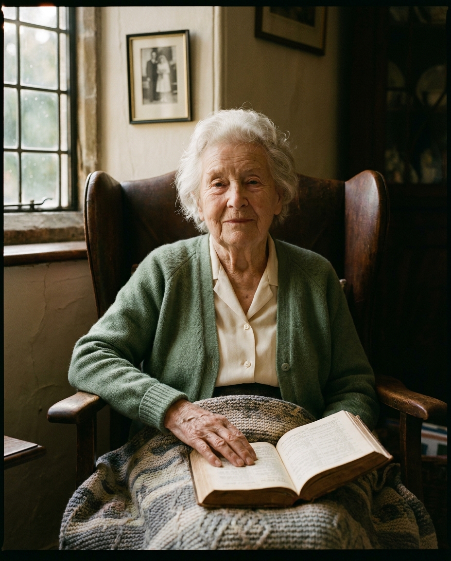 Eileen, eighty-one, in a sitting room with a knitted blanket and an open hymn book on her lap, late afternoon light.