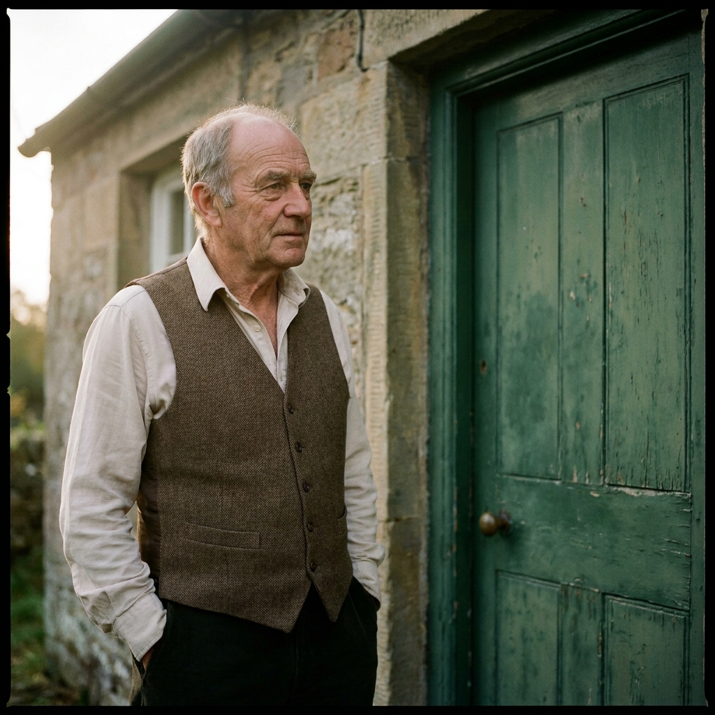 Derek, seventy-four, in a tweed waistcoat by the green-painted door of his almshouse, hands in pockets.