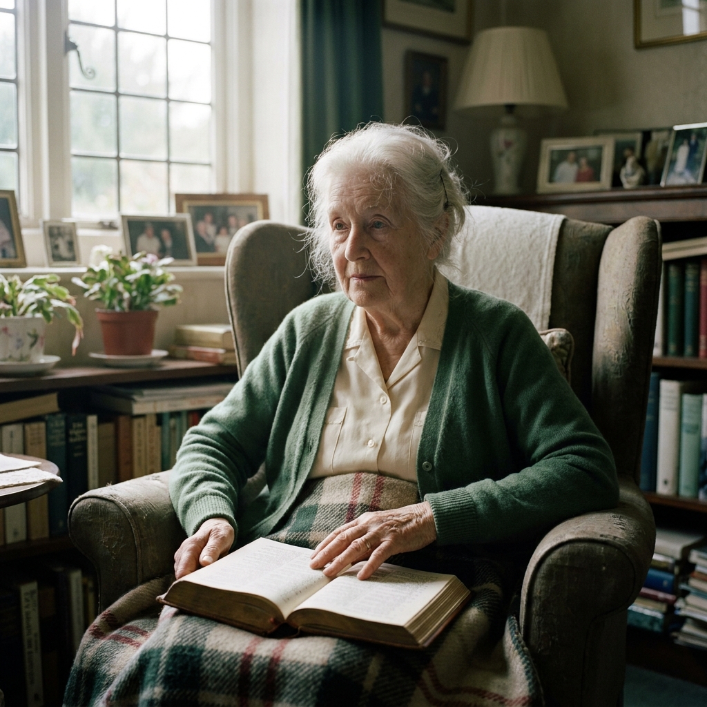 Eileen, eighty-one, in a sitting room with a knitted blanket and an open hymn book on her lap.