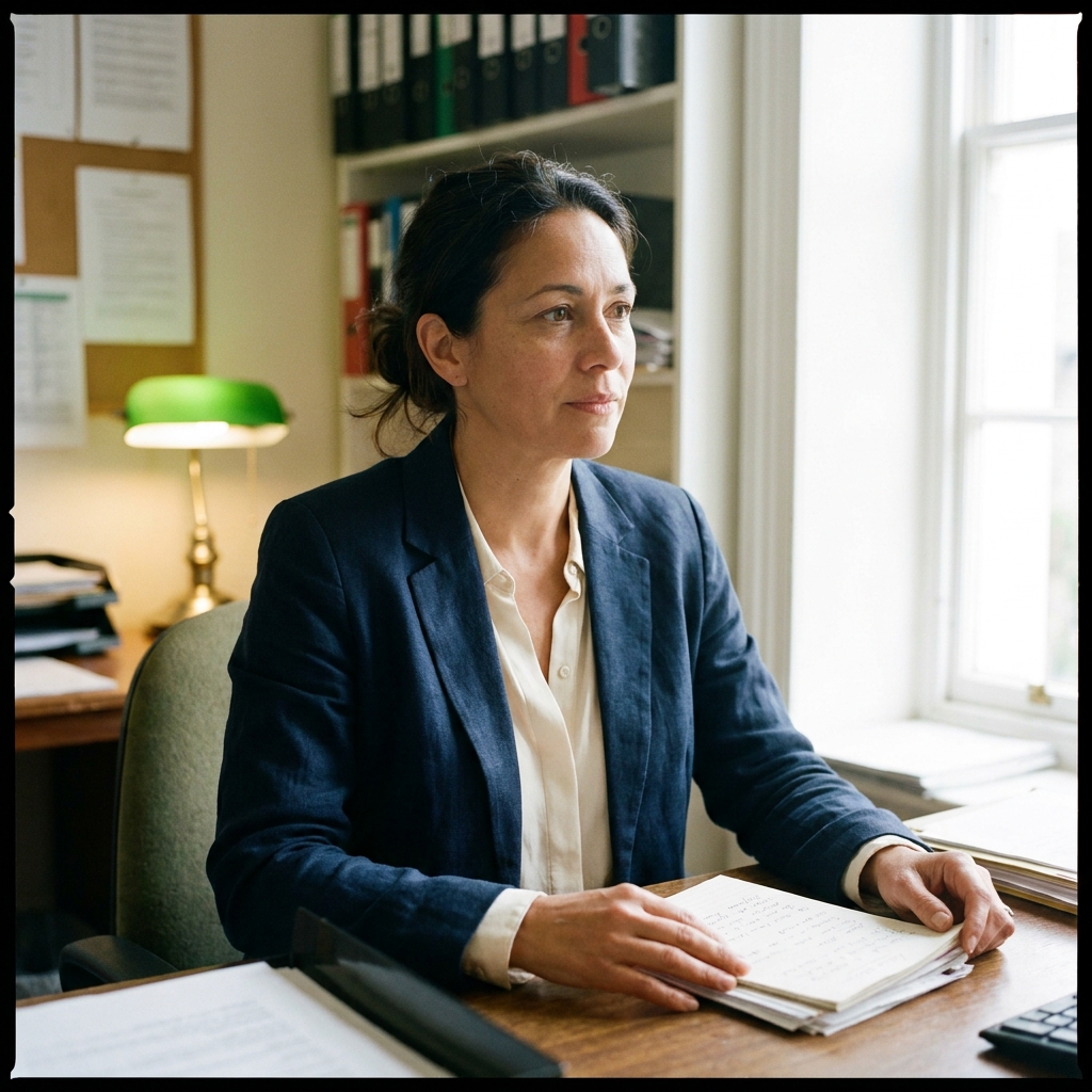 Grace Whitelaw of Sussex Community Foundation in a navy blazer, seated at her desk in Lewes, bright window light.