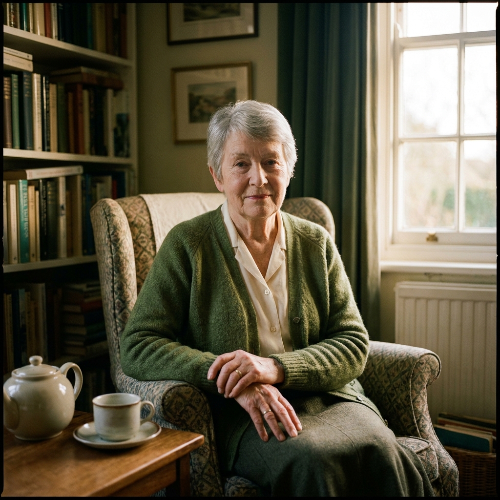 Margaret, seventy-eight, in a green knitted cardigan, seated in her sitting room in Cocking, late afternoon light.