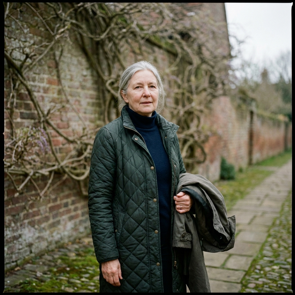 Pauline, sixty-seven, with a quilted coat over her arm, on a path through the walled garden at Ognell's Row.