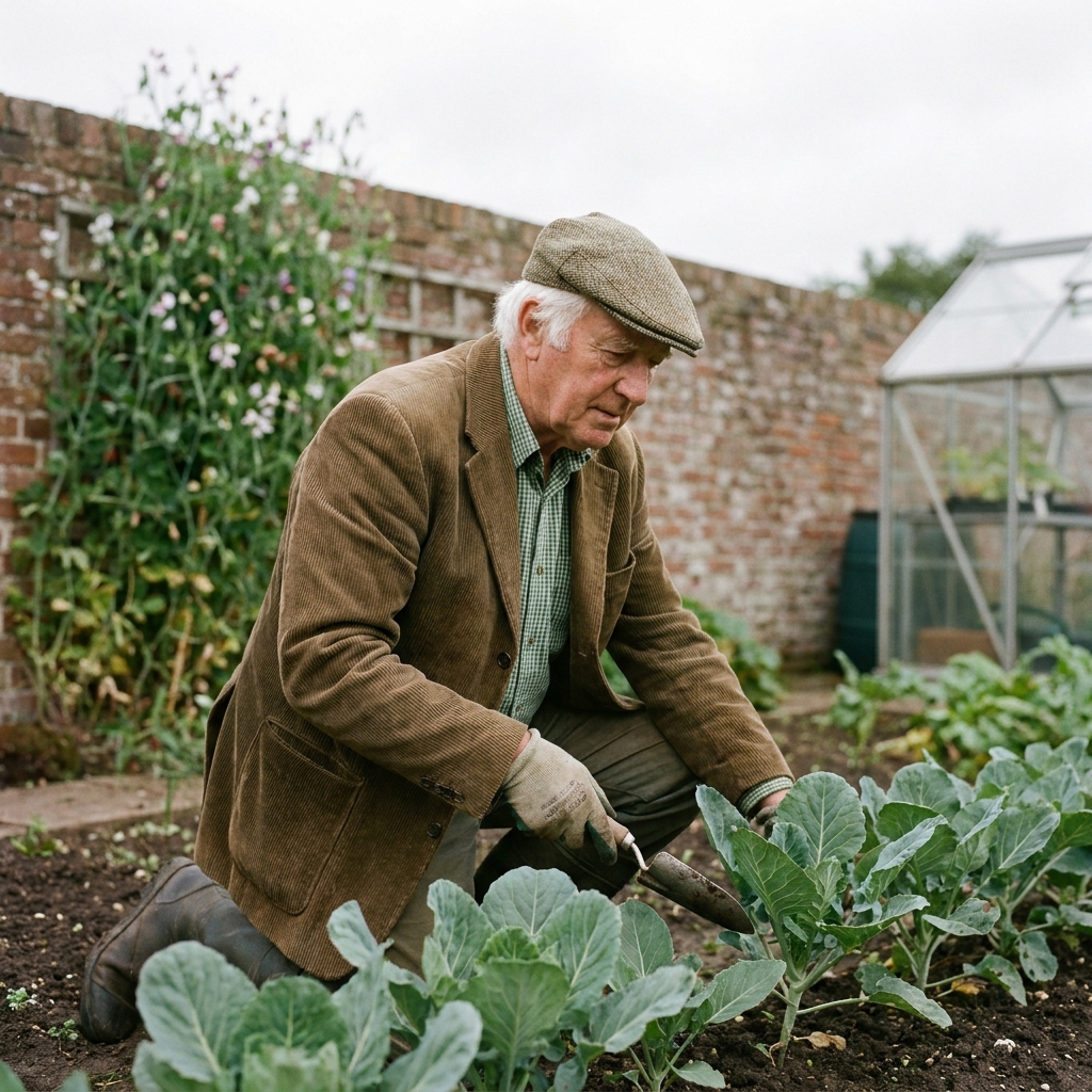 Stephen, seventy-two, in a tweed cap, kneeling beside a row of brassicas in the walled garden.