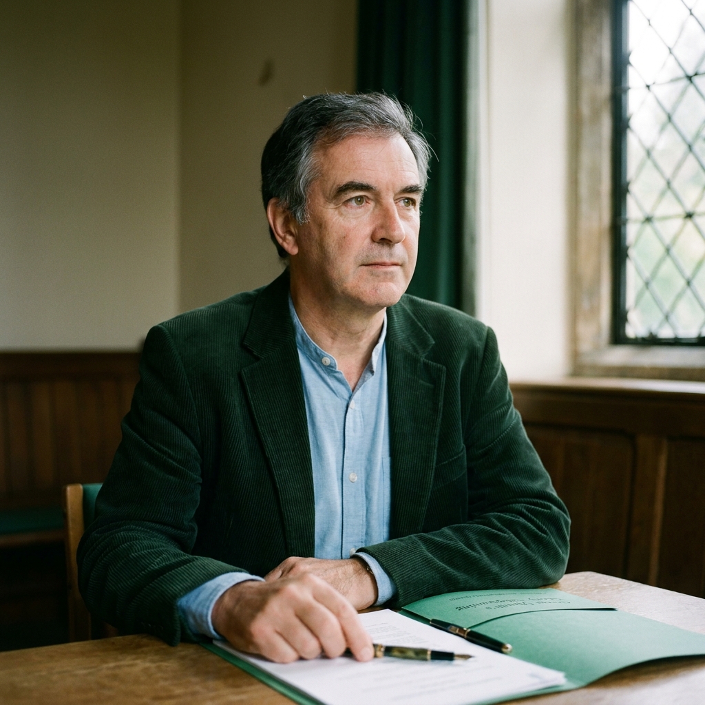 Alain Mardle, safeguarding lead, seated at a parish-room table with a folder of papers, early autumn afternoon light through a leaded window.
