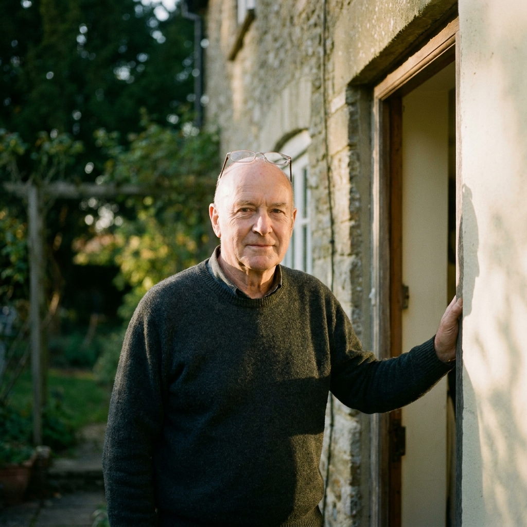 John Travers, treasurer, in a wool jumper standing at the open back door of his cottage in Stedham, evening light from the garden.