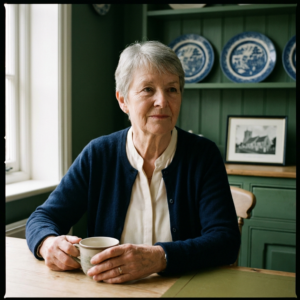 Mrs Judy Fowler, chair of trustees, photographed at her kitchen table in Easebourne, mid-morning, soft window light, a teacup beside her.