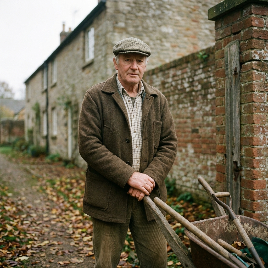 Richard Watts in a flat cap and tweed coat outside the walled garden at Ognell's Row, autumn morning, with a wheelbarrow.